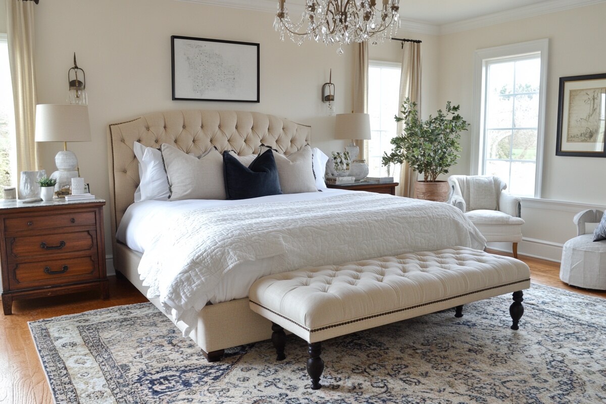 Modern Master Bedroom Design with King Bed and Upholstered Bench Modern Master Bedroom Design with King Bed and Upholstered Bench